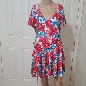 XL Swim Dress Or Fedtival Dress Vibrant Floral Flutter Sleeve V-Neck Dress